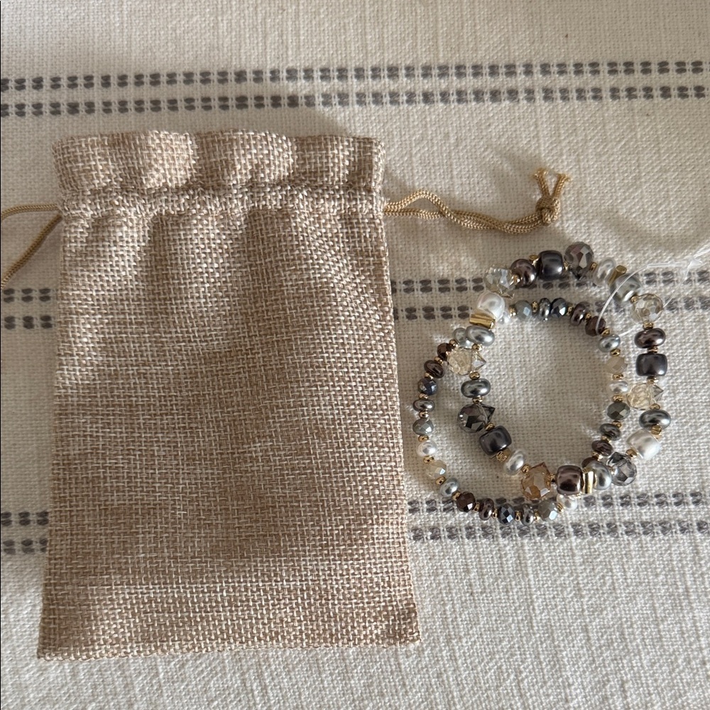 Gold and Gray Beaded Stretch Bracelet Set - Women Accessories